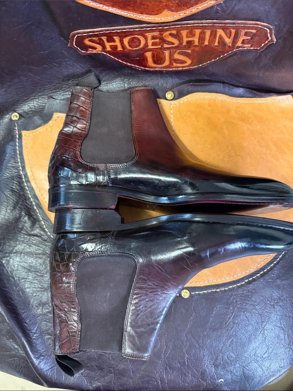 Donald J. Pliner Embossed Crocodile Custom Patina Italian Chelsea Boots